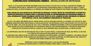 Sonorama Ribera anuncia devolución de las entradas de 2021