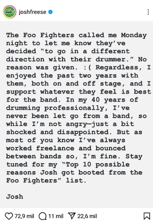 Comiunicado de Josh Freese en Instagram