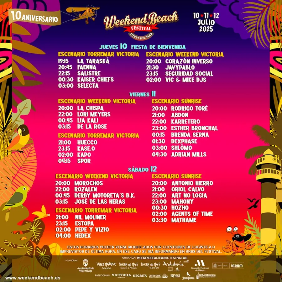 Cuadro con los Horarios Weekend Beach 2025