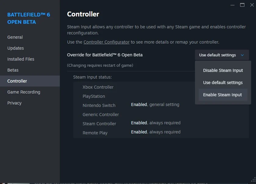 Pantalla para desactivar los gatillos adaptativos en BF6 en PC (Steam)